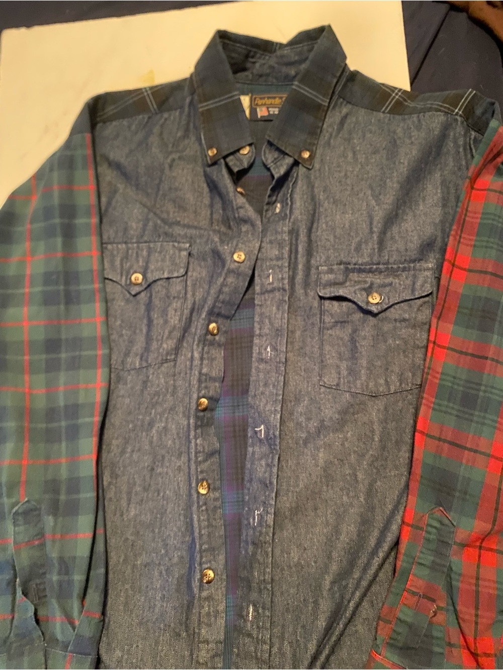 Panhandle Slim Denim Shirt with Green & Red Plaid Sleeves